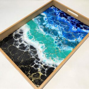Serving Tray - Black Sand Beach, Faceted Waves/Gold Highlights