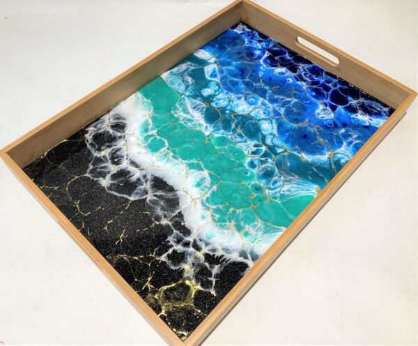 Serving Tray - Black Sand Beach, Faceted Waves/Gold Highlights